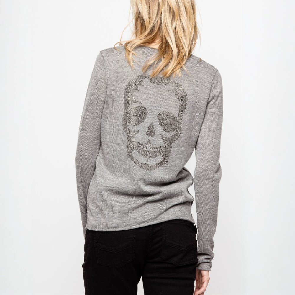 NWT‎ Zadig & Voltaire Nosfa Bis Skull Merino Wool Sweater in Grey Size XS $228